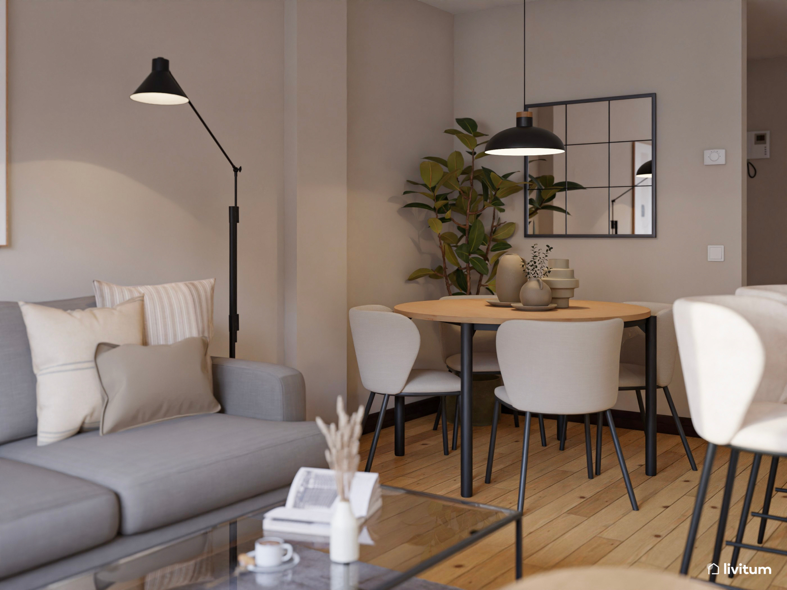 Salón comedor moderno con cocina abierta y separador ligero 