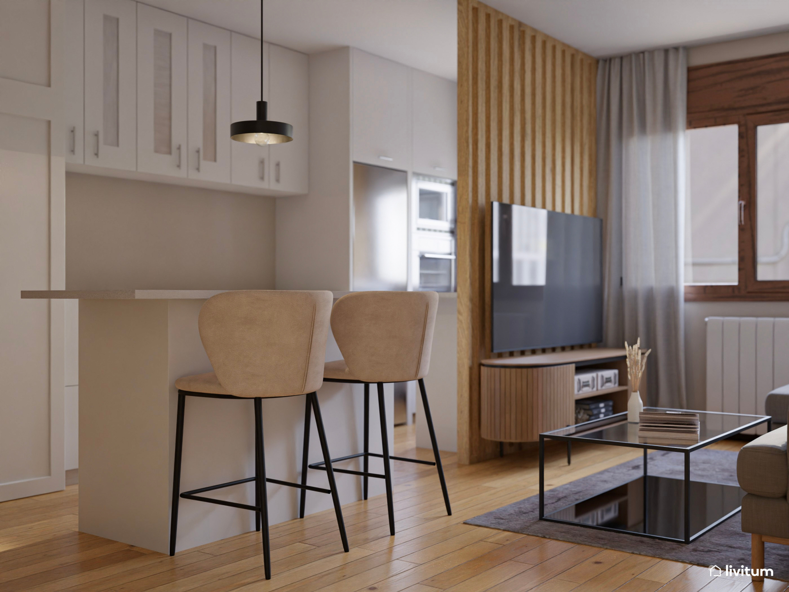 Salón comedor moderno con cocina abierta y separador ligero 