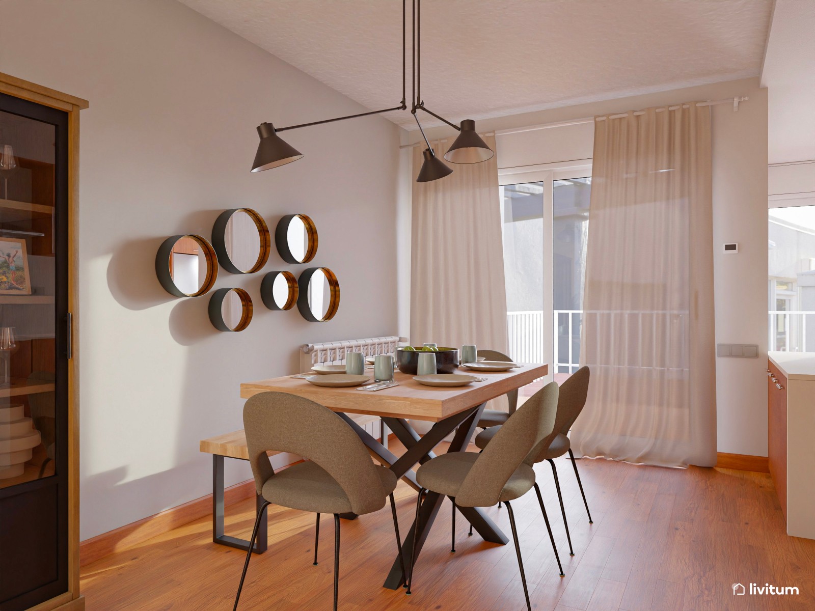 Salón comedor moderno con cocina abierta y toques industriales