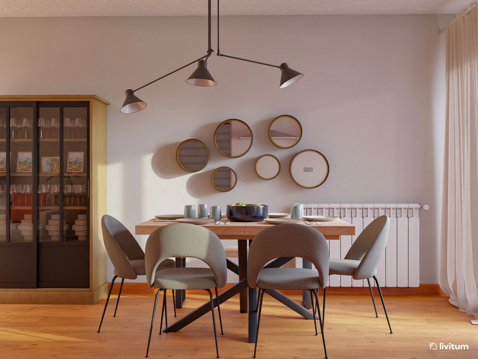 Salón comedor moderno con cocina abierta y toques industriales