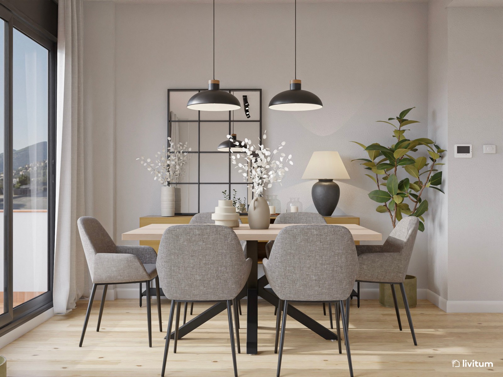 Salón comedor moderno con detalles circulares 