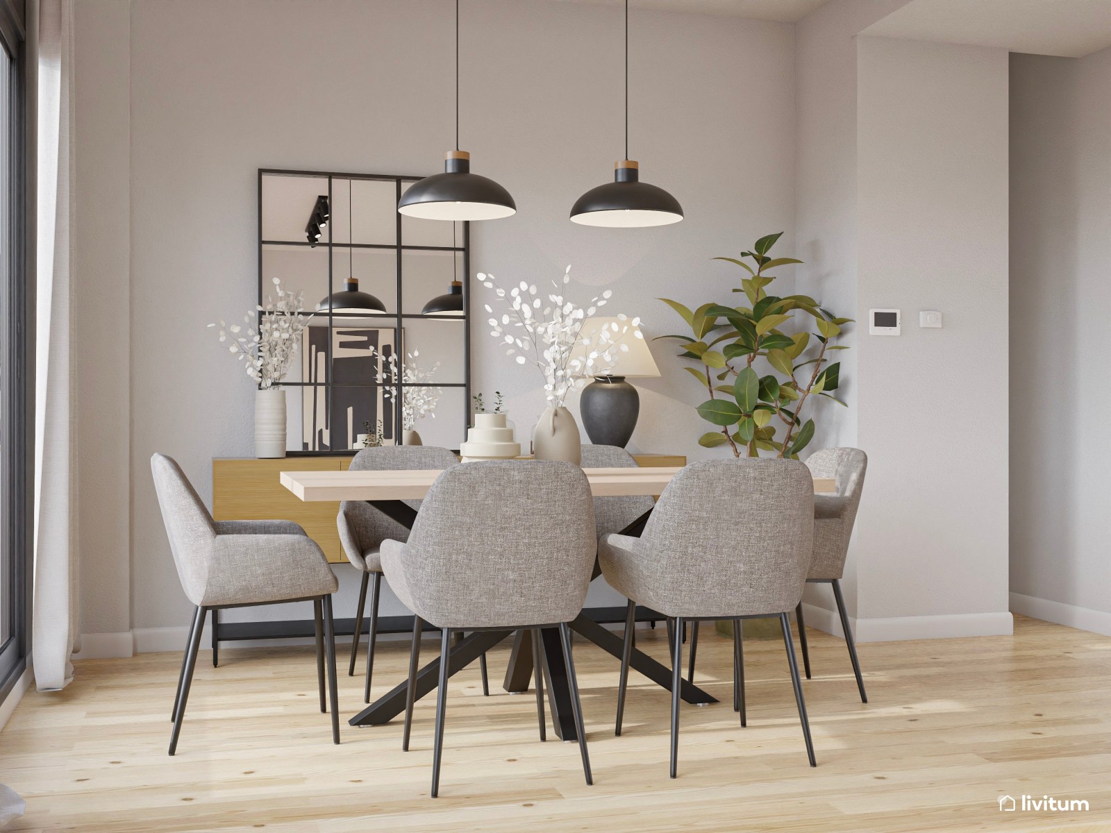 Salón comedor moderno con detalles circulares 