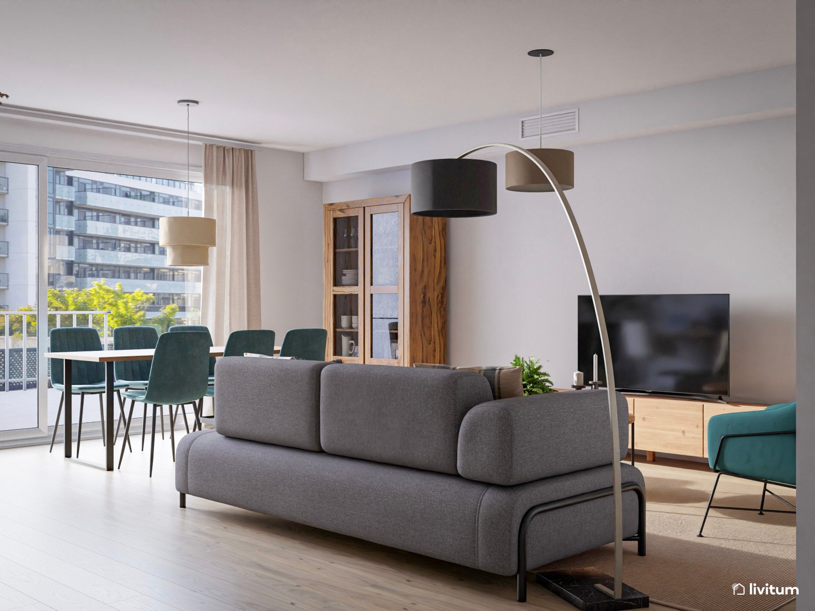 Salón comedor moderno con escritorio 