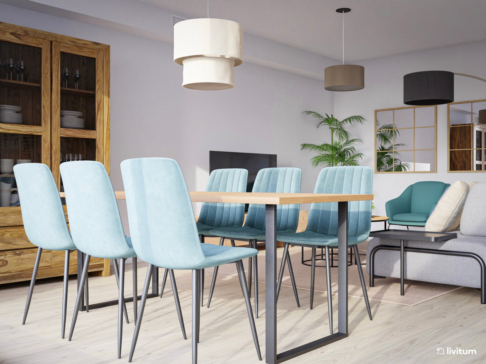 Salón comedor moderno con escritorio 