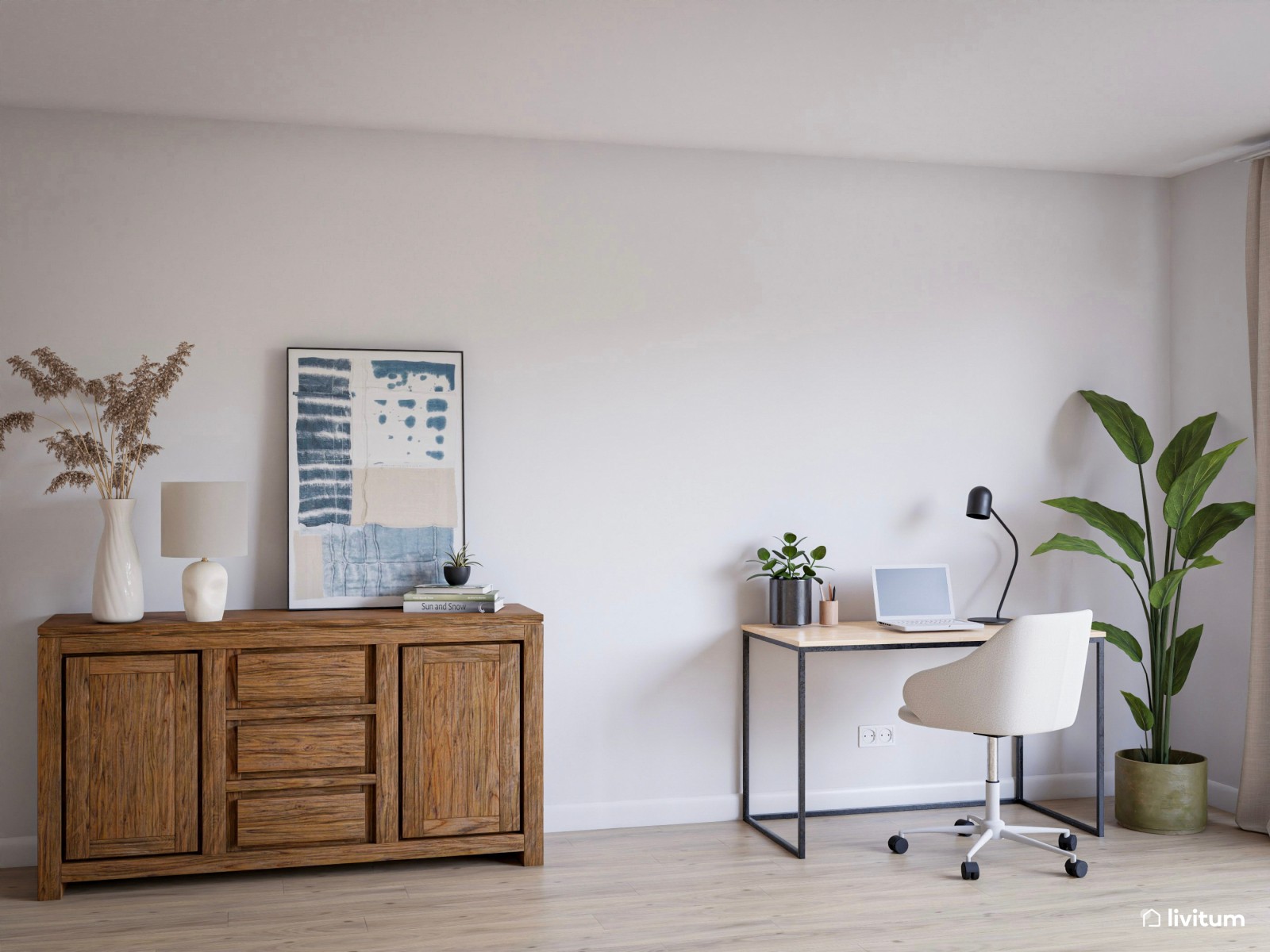 Salón comedor moderno con escritorio 