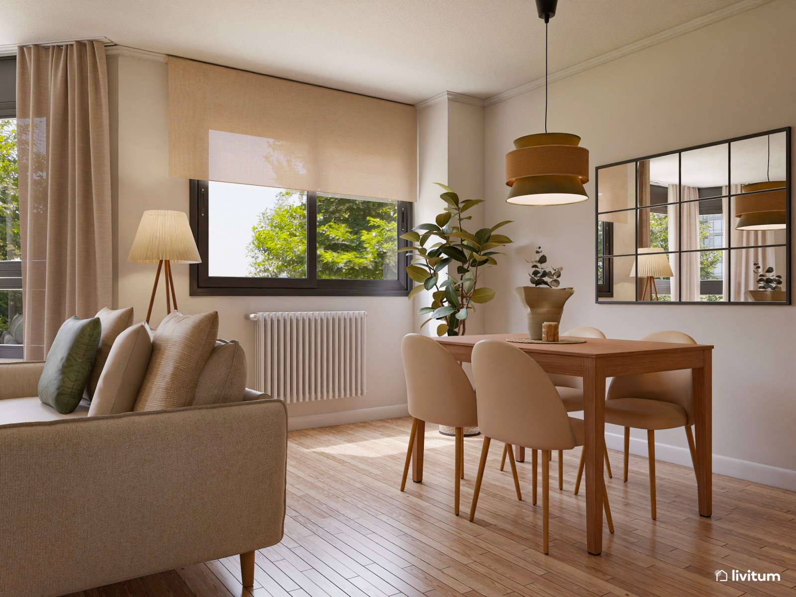 Salón comedor moderno con galería y textiles elegantes 