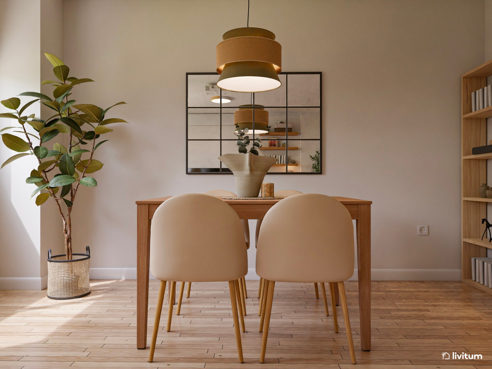 Salón comedor moderno con galería y textiles elegantes 