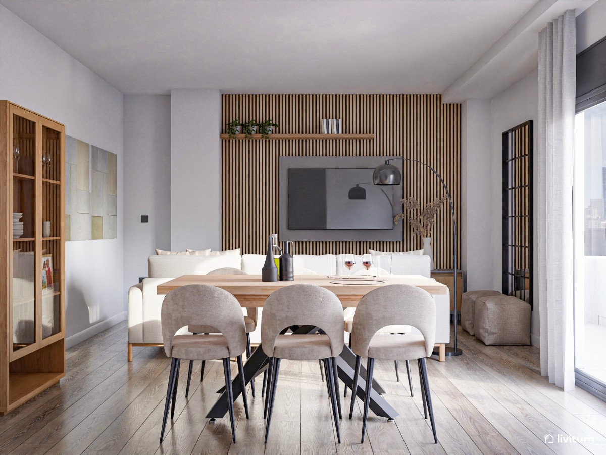 Salón comedor moderno, con madera y acentos grises