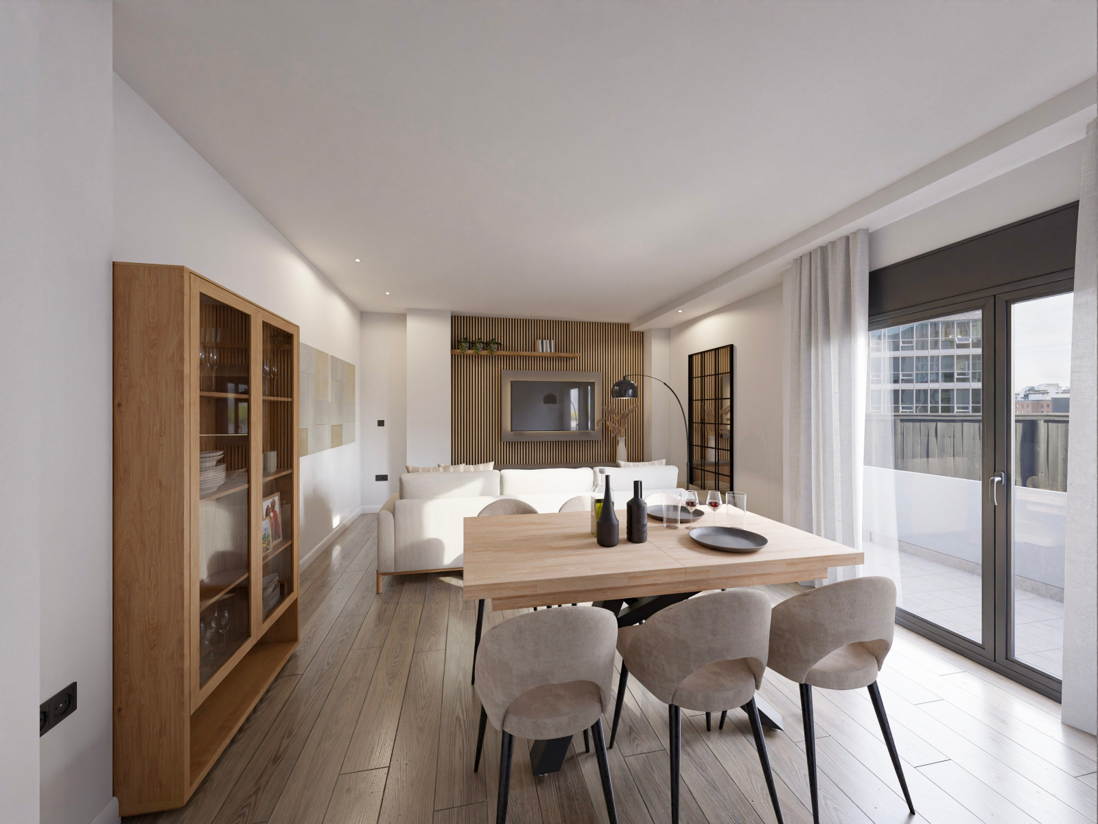 Salón comedor moderno, con madera y acentos grises