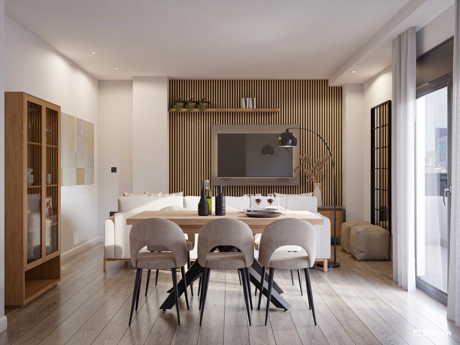 Salón comedor moderno, con madera y acentos grises