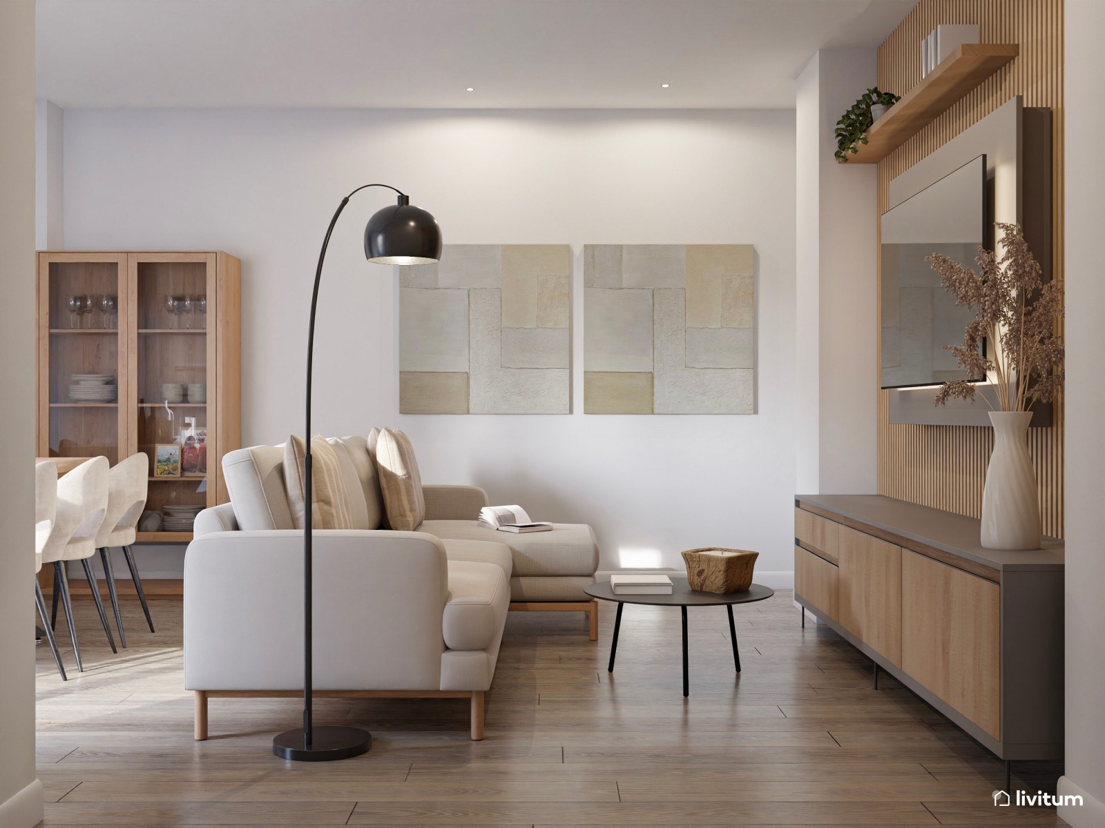 Salón comedor moderno, con madera y acentos grises