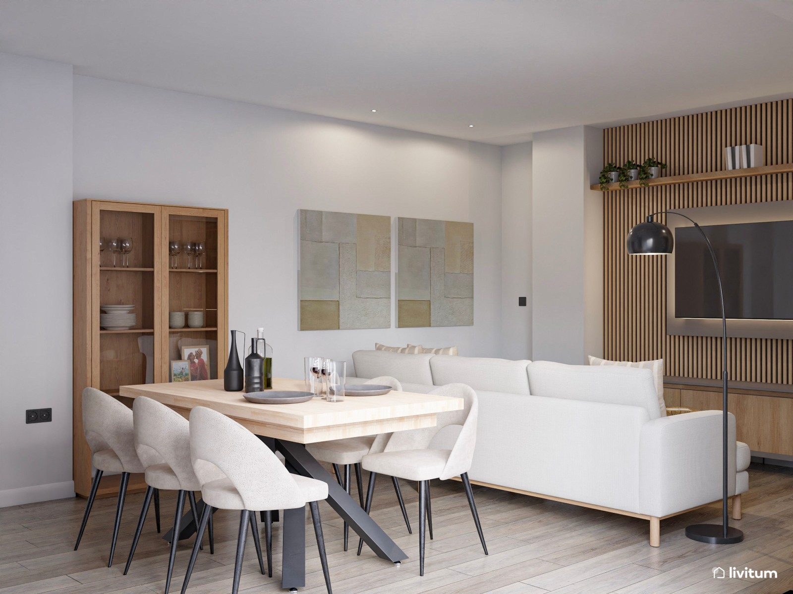 Salón comedor moderno, con madera y acentos grises