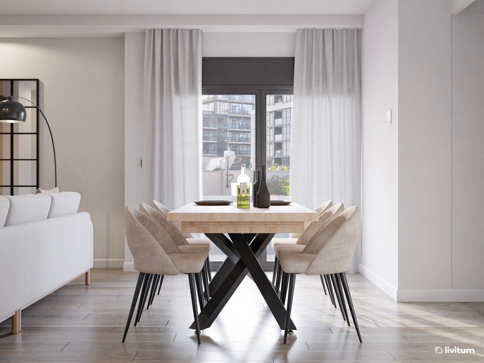 Salón comedor moderno, con madera y acentos grises