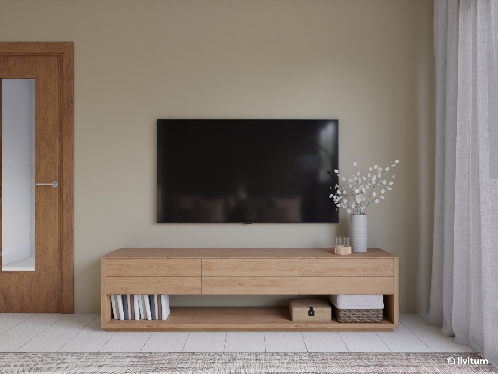 Salón comedor moderno con pared de piedra 