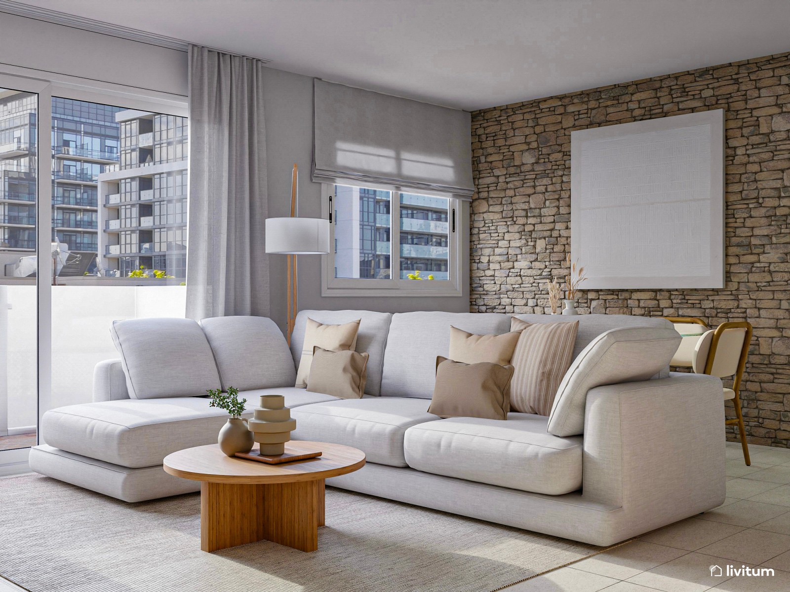 Salón comedor moderno con pared de piedra 