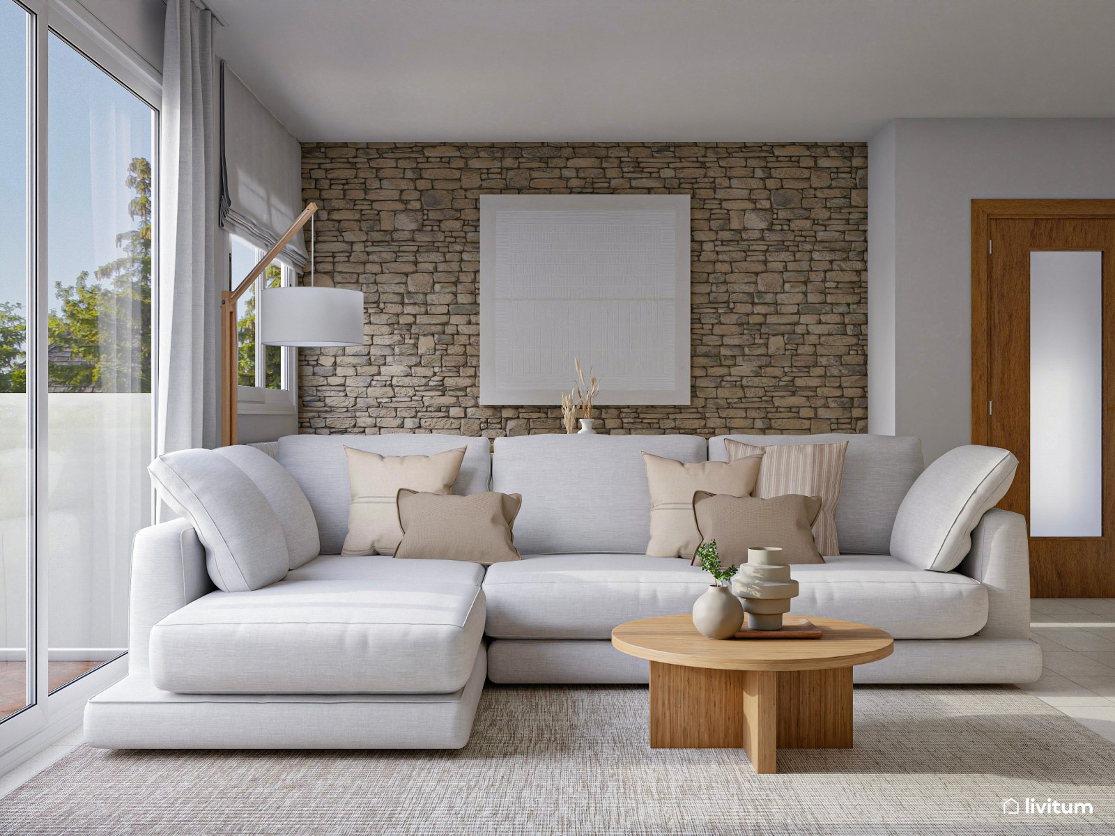 Salón comedor moderno con pared de piedra 