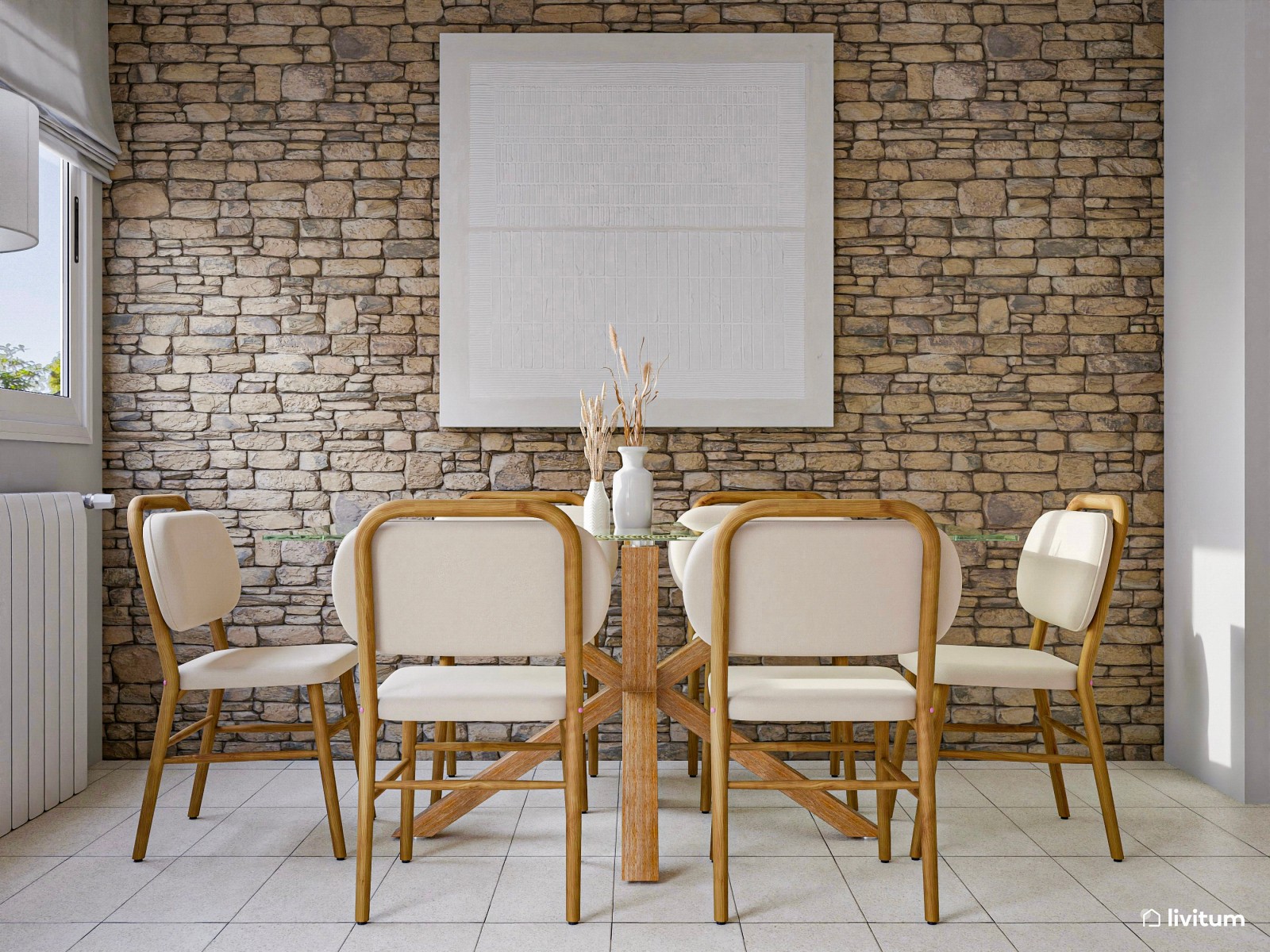 Salón comedor moderno con pared de piedra 