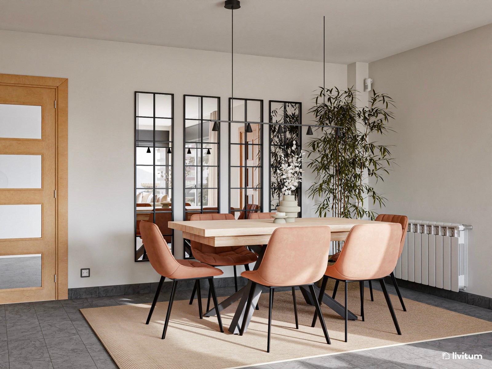 Salón comedor moderno con pared revestida de paneles acústicos