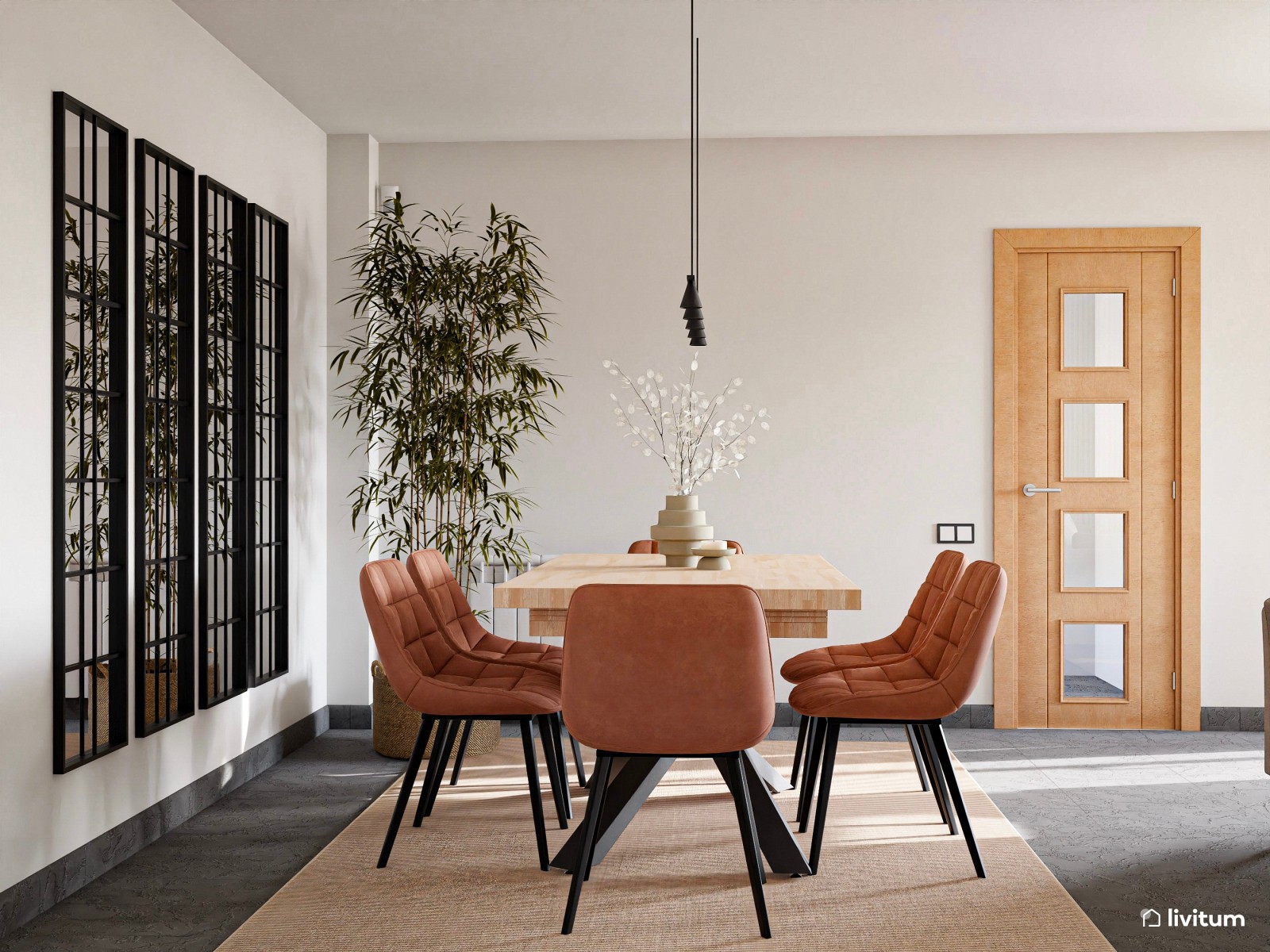 Salón comedor moderno con pared revestida de paneles acústicos