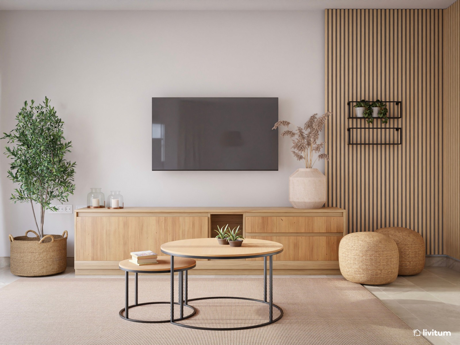 Salón comedor moderno con sillones de madera y ratán