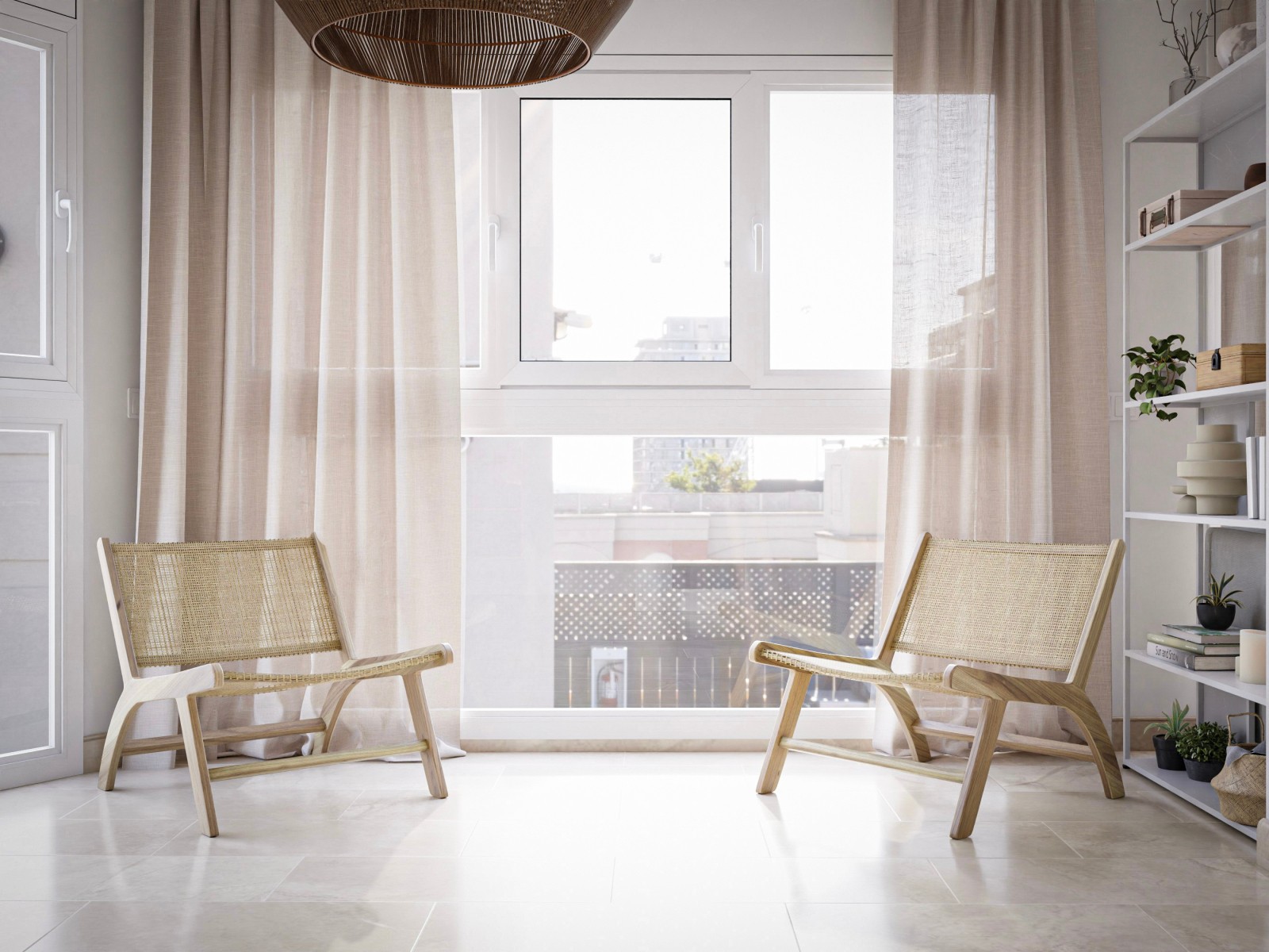 Salón comedor moderno con sillones de madera y ratán