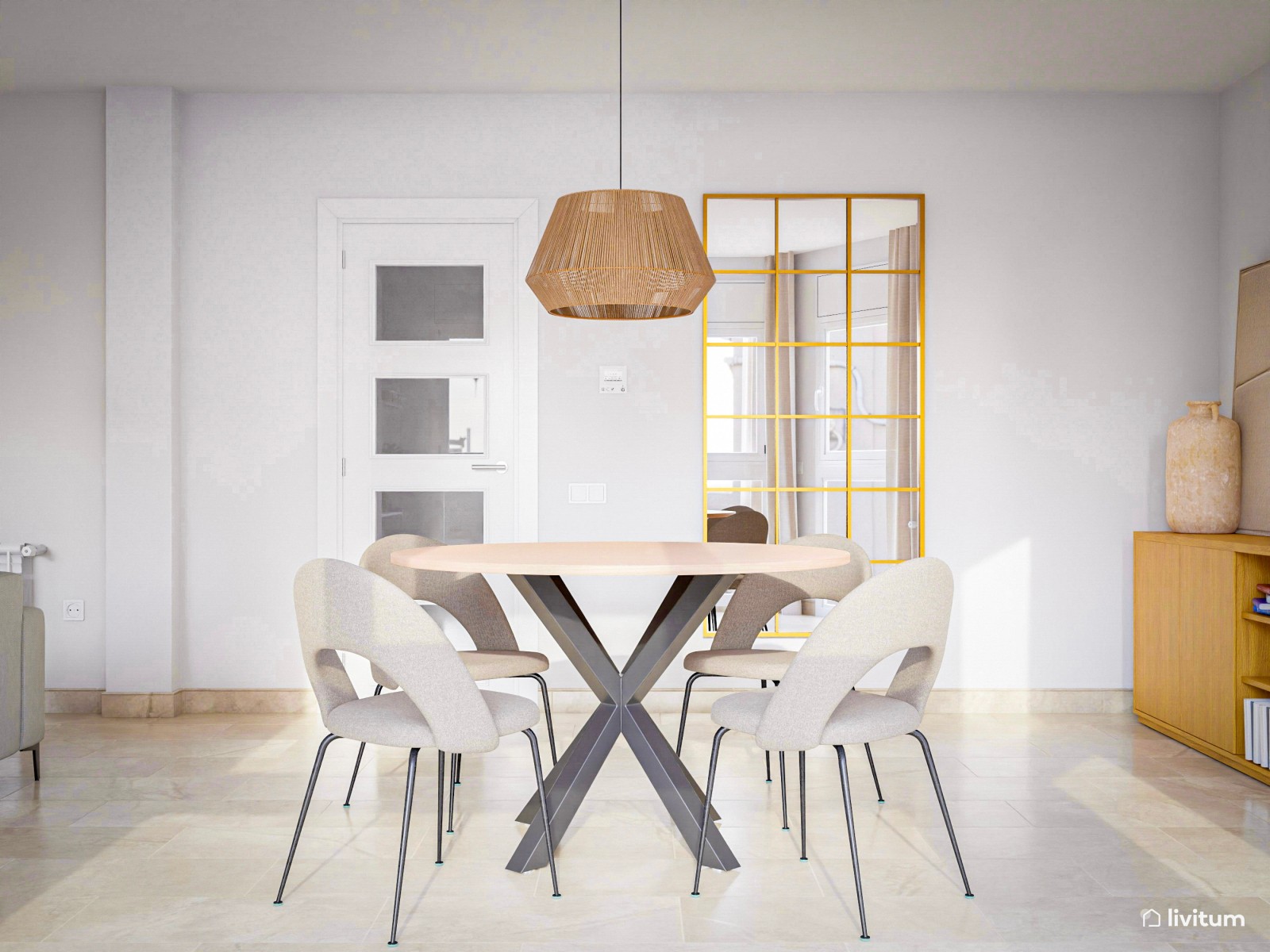 Salón comedor moderno con sillones de madera y ratán