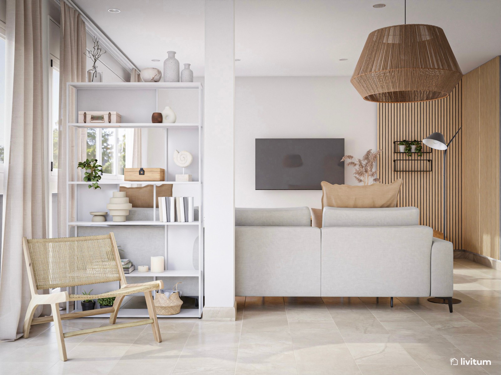 Salón comedor moderno con sillones de madera y ratán