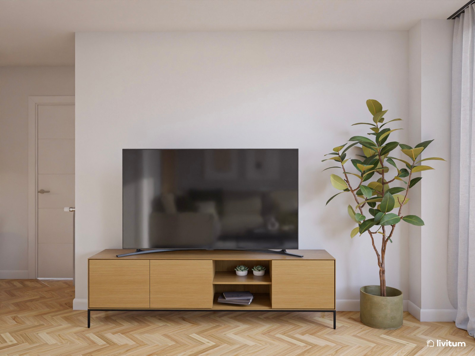 Salón comedor moderno con suelo espigado y juego de contrastes