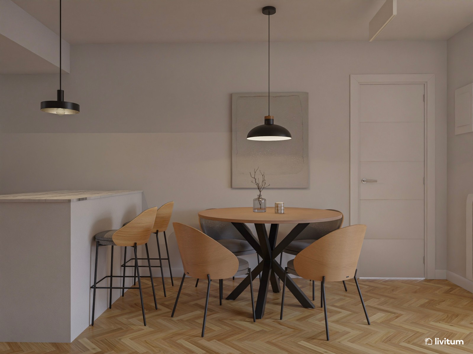 Salón comedor moderno con suelo espigado y juego de contrastes