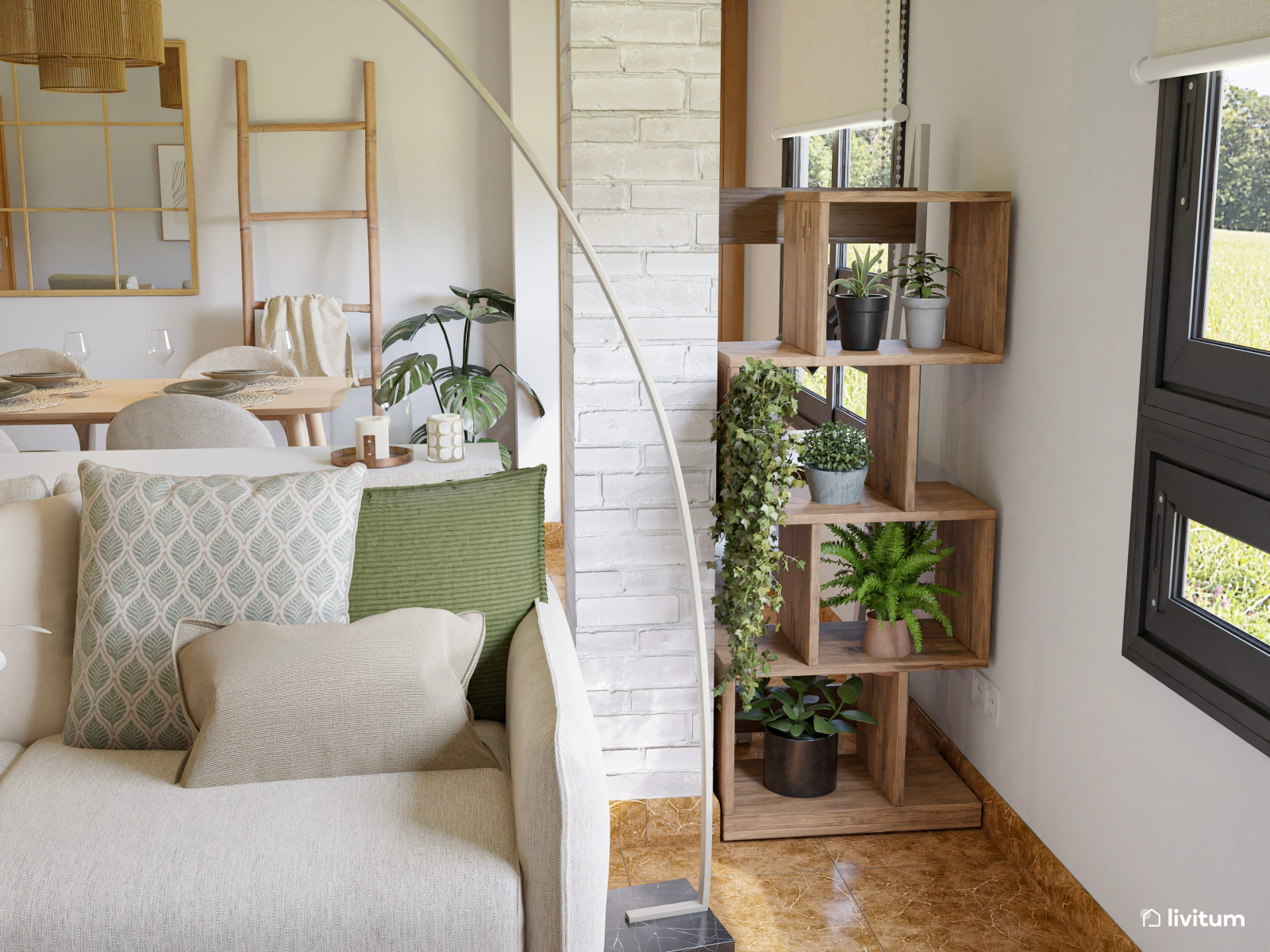 Salón comedor moderno con toques bohemios y tropicales