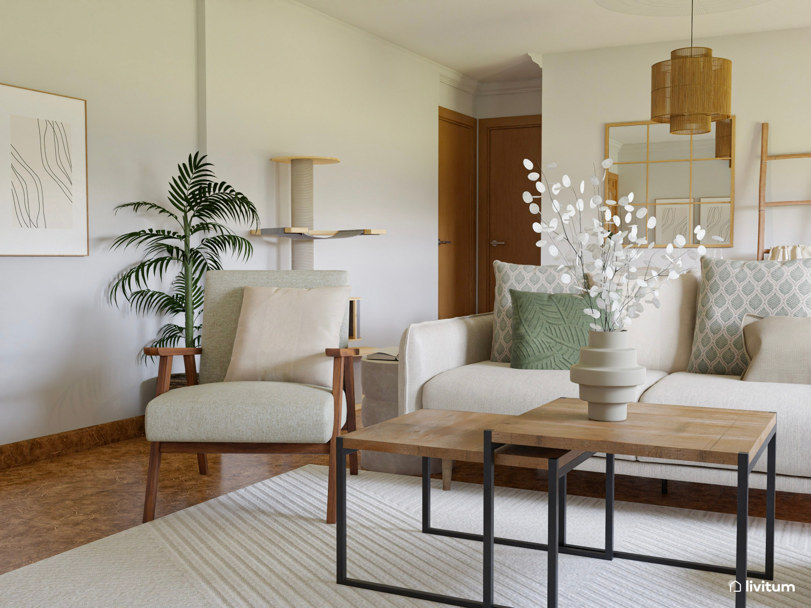 Salón comedor moderno con toques bohemios y tropicales