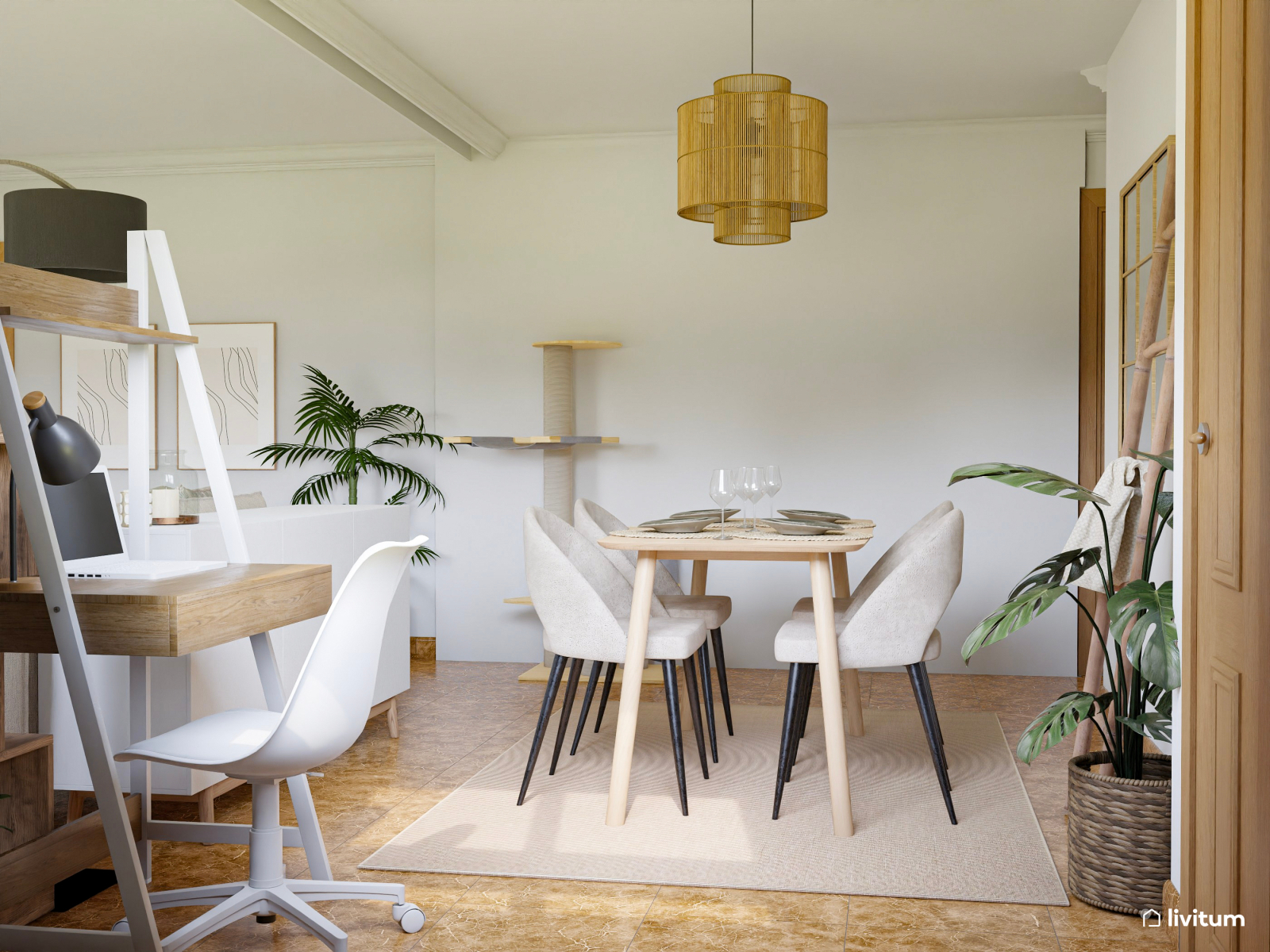 Salón comedor moderno con toques bohemios y tropicales