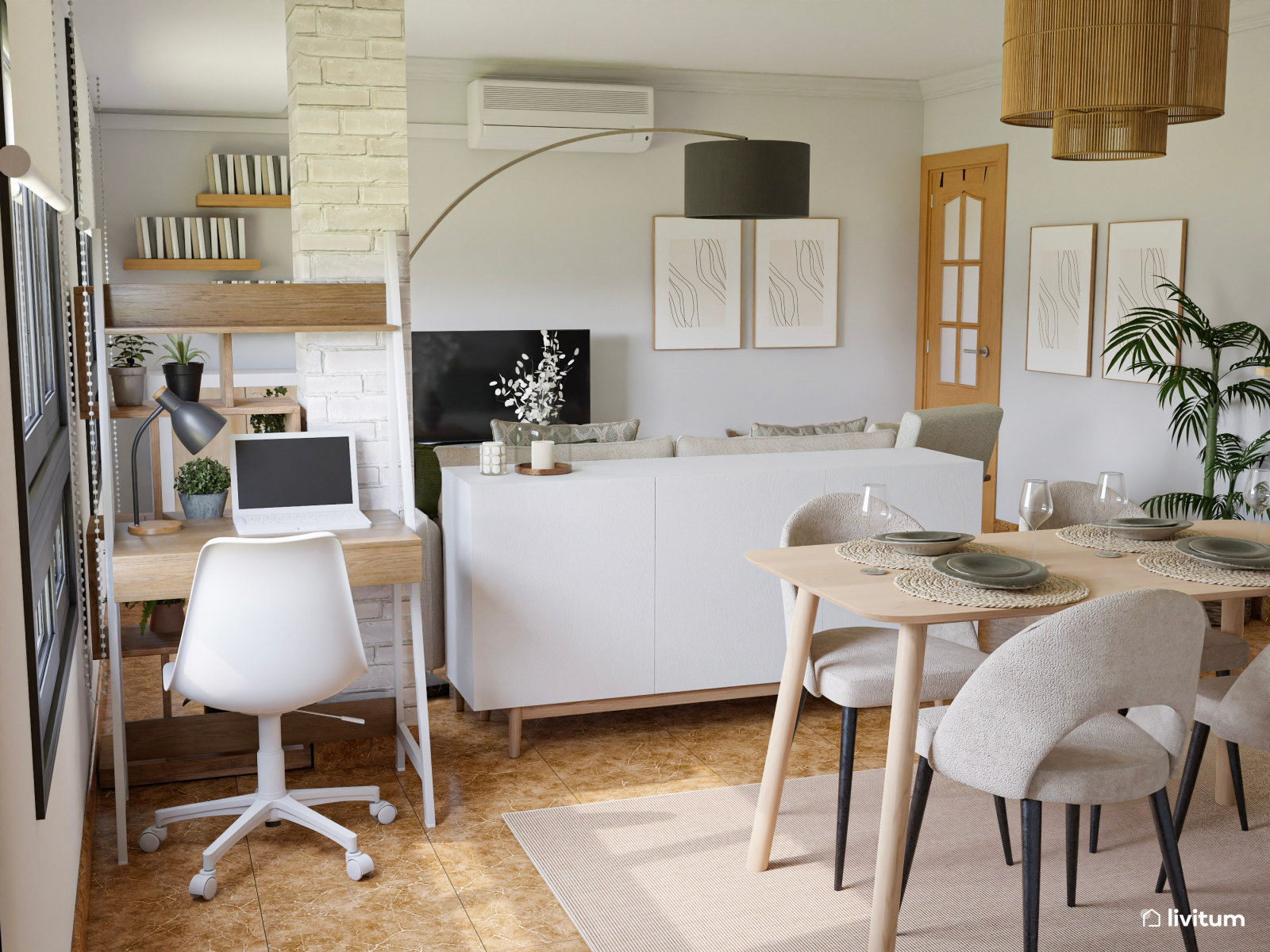 Salón comedor moderno con toques bohemios y tropicales