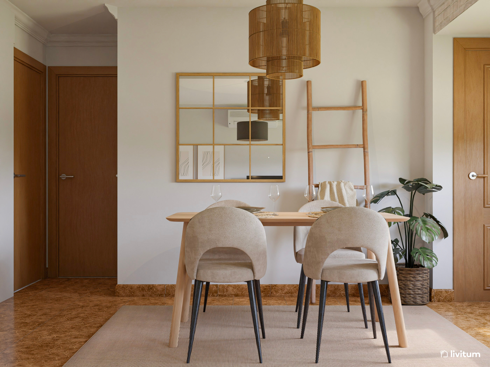 Salón comedor moderno con toques bohemios y tropicales