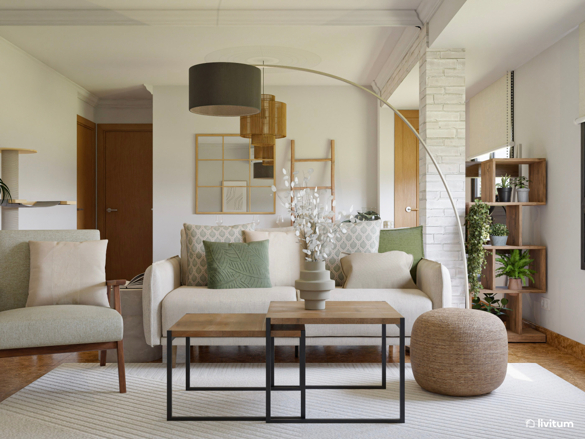 Salón comedor moderno con toques bohemios y tropicales