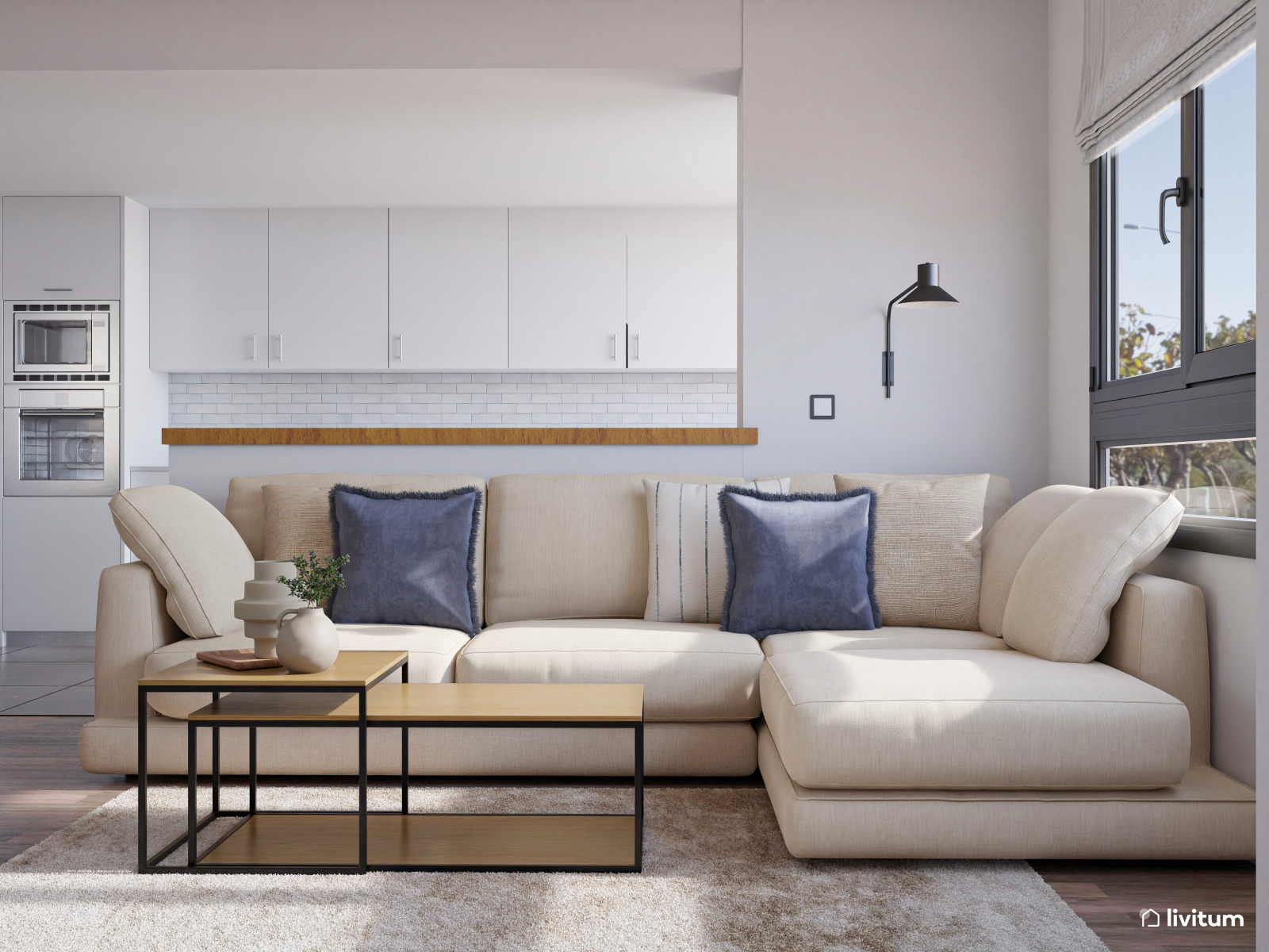 Salón comedor moderno con toques de azul índigo y cocina abierta