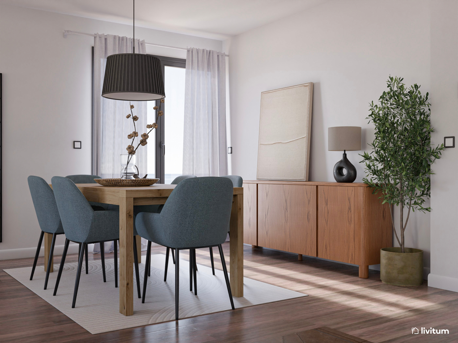 Salón comedor moderno con toques de azul índigo y cocina abierta