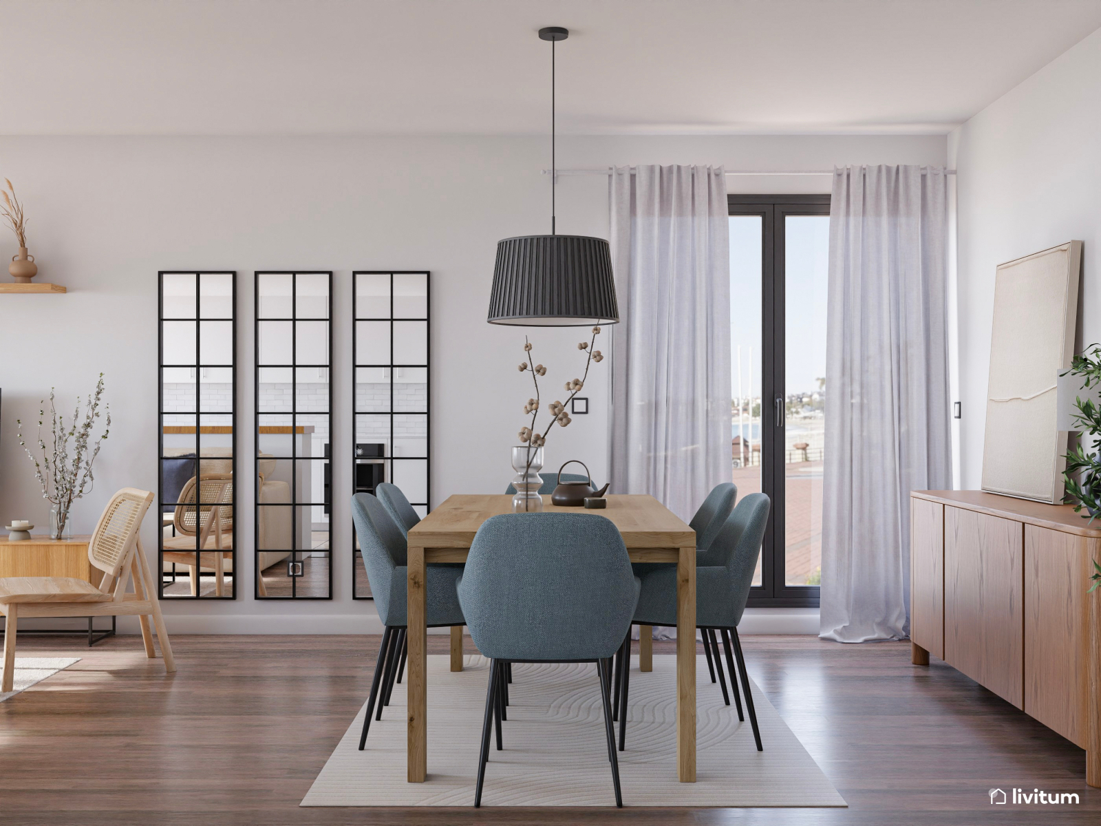 Salón comedor moderno con toques de azul índigo y cocina abierta