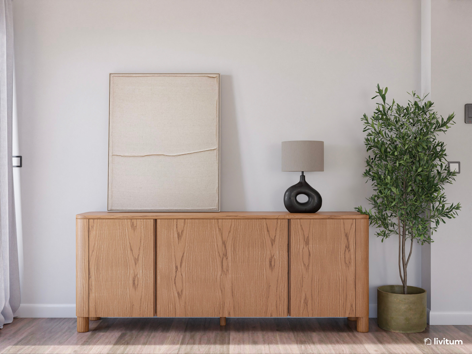 Salón comedor moderno con toques de azul índigo y cocina abierta