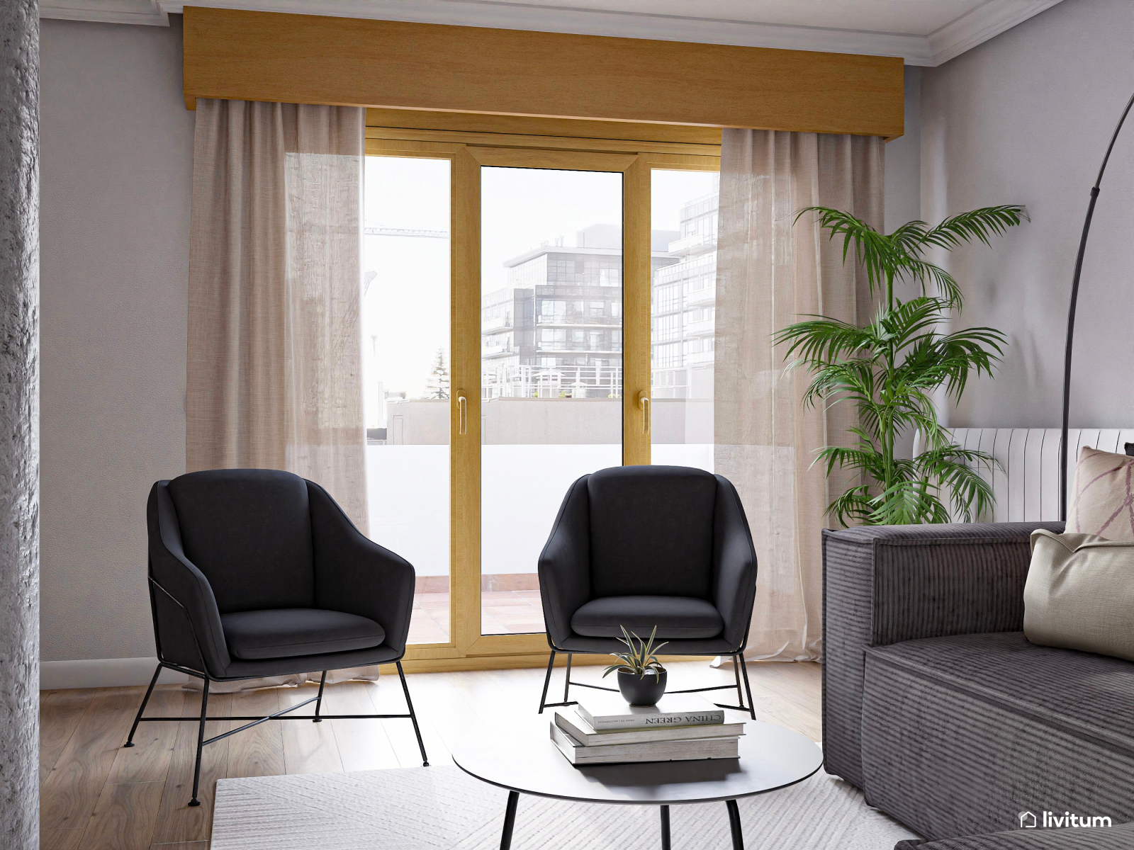 Salón comedor moderno con toques industriales en madera y gris