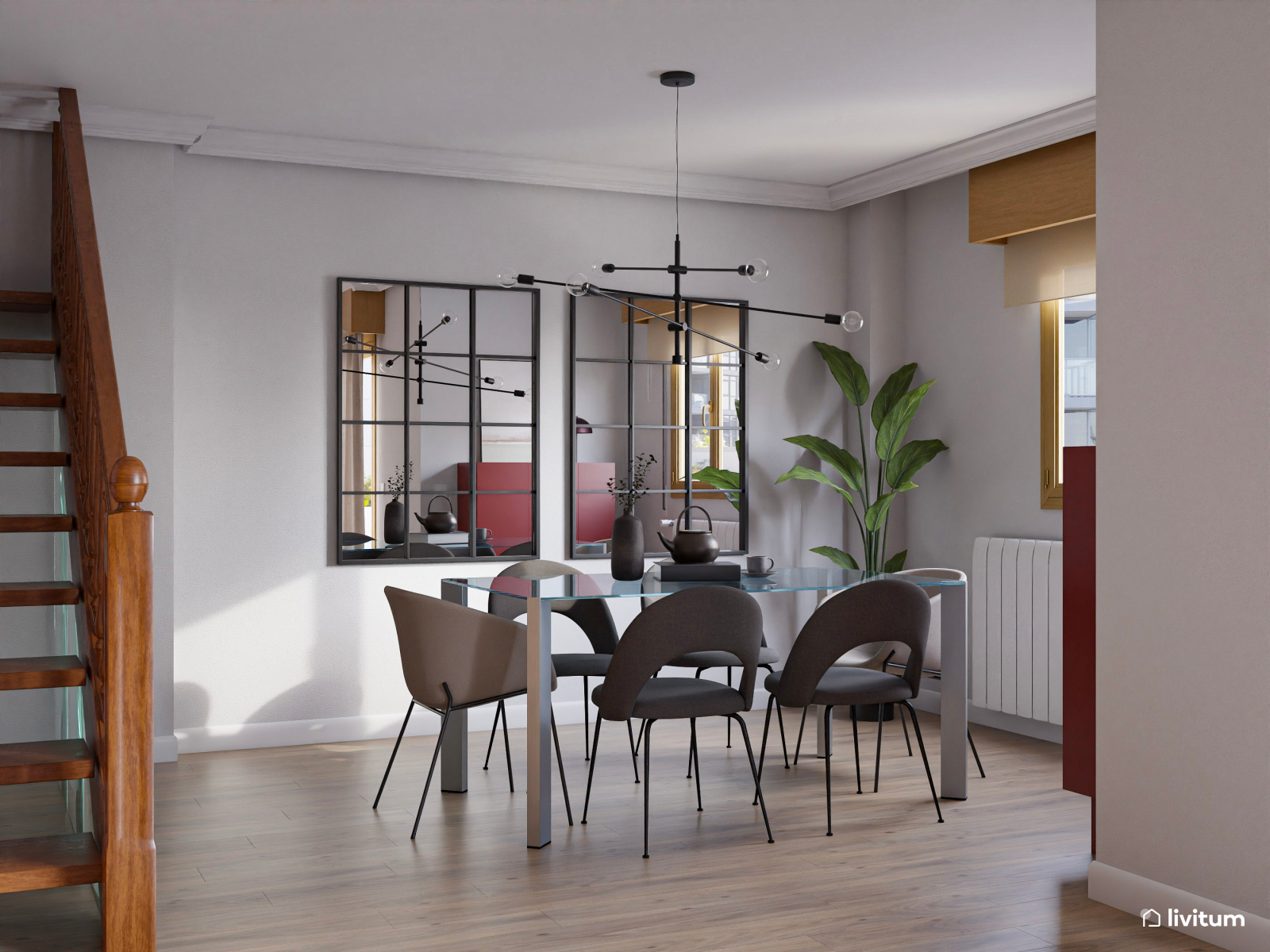 Salón comedor moderno con toques industriales en madera y gris