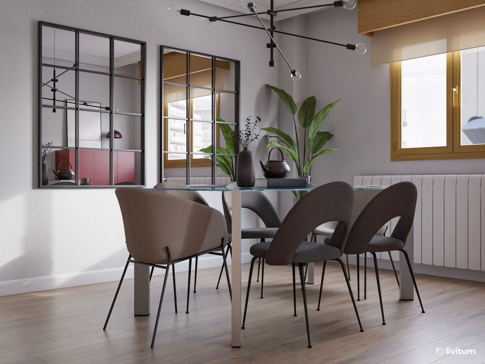 Salón comedor moderno con toques industriales en madera y gris