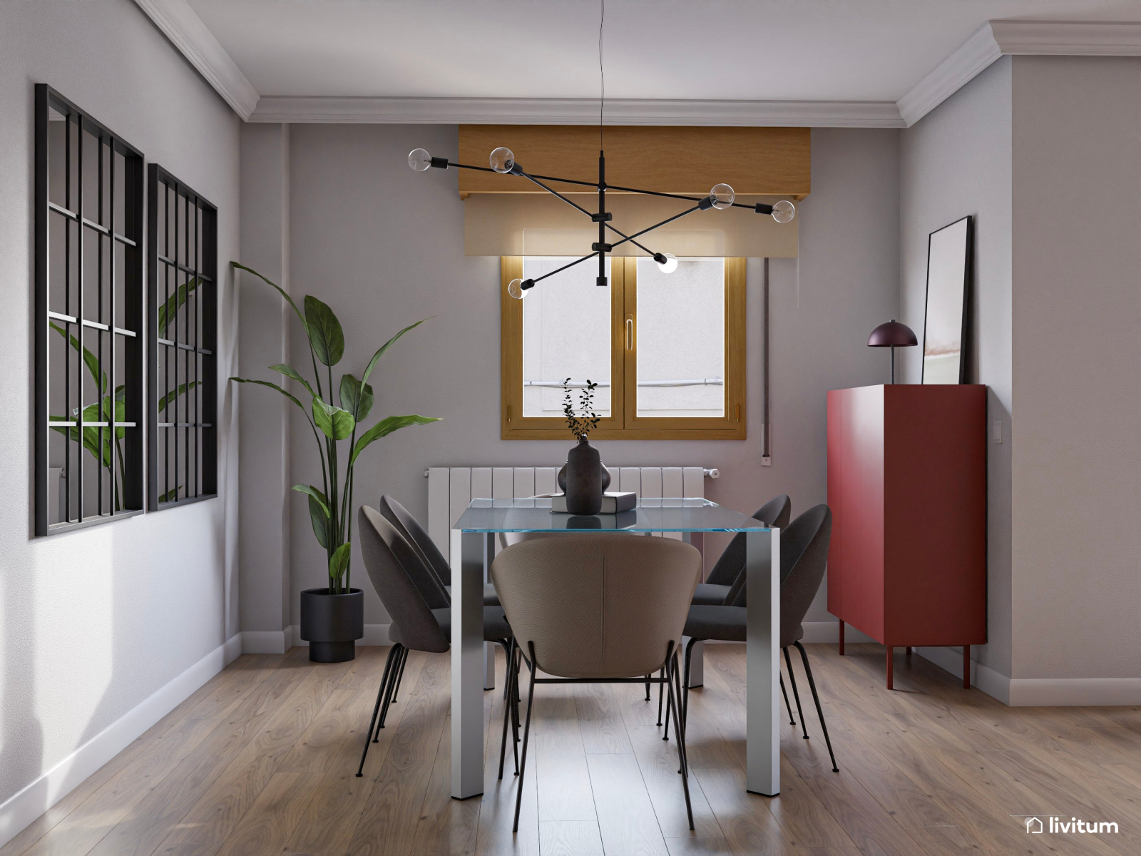 Salón comedor moderno con toques industriales en madera y gris