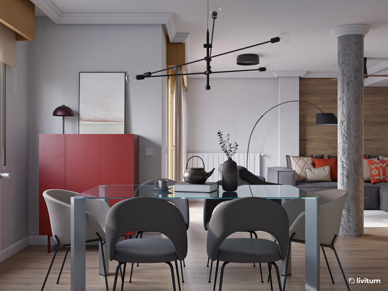 Salón comedor moderno con toques industriales en madera y gris