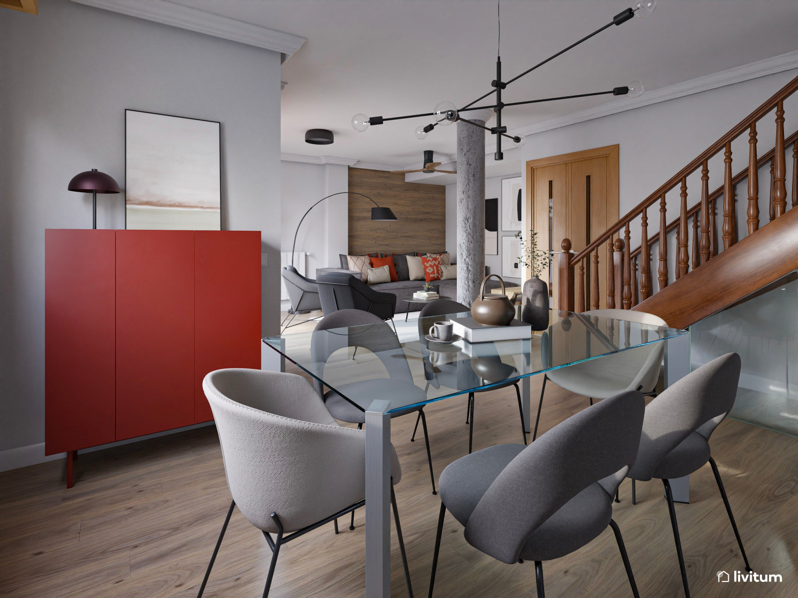 Salón comedor moderno con toques industriales en madera y gris