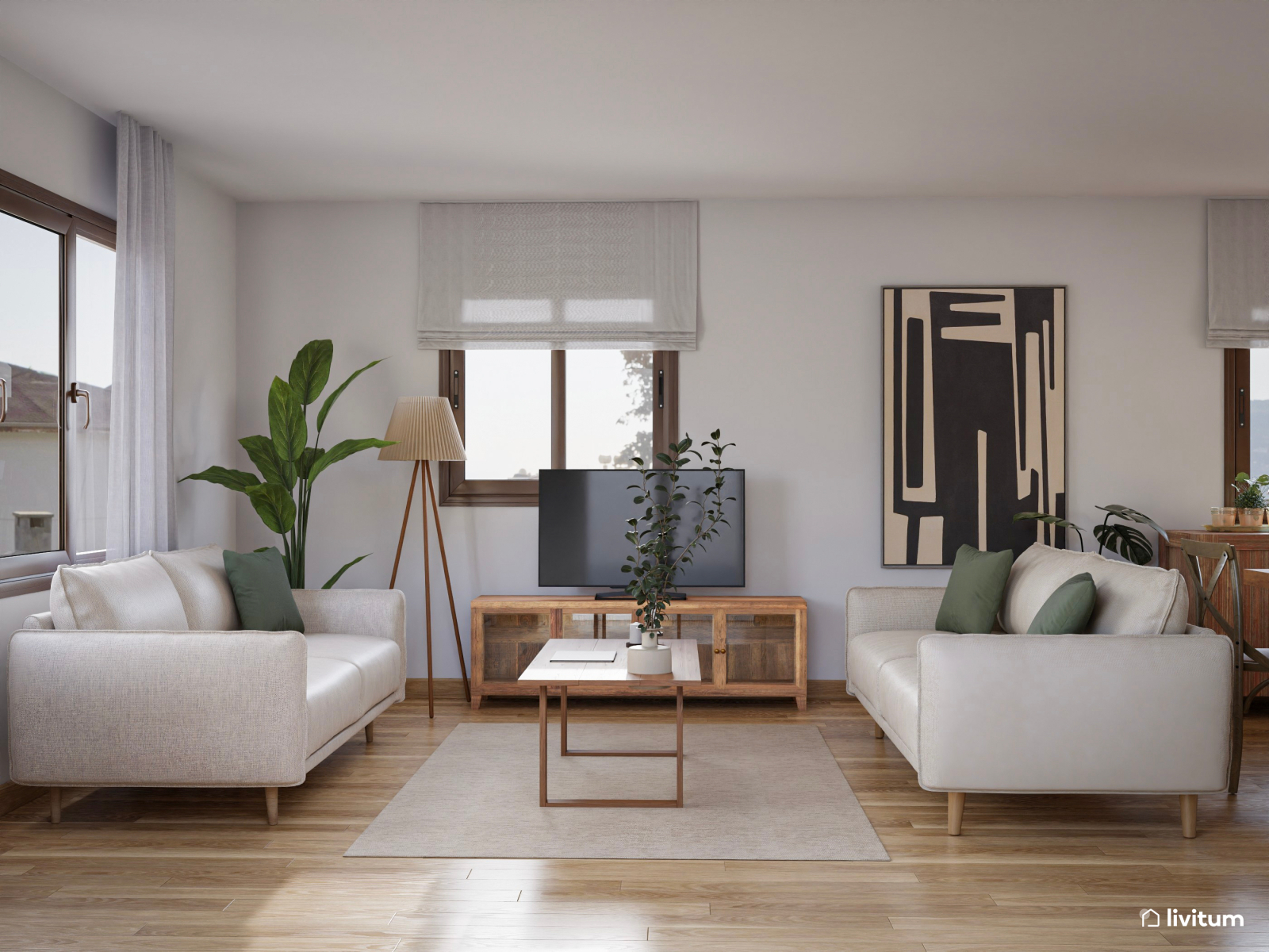 Salón comedor moderno con toques rústicos y acentos verdes