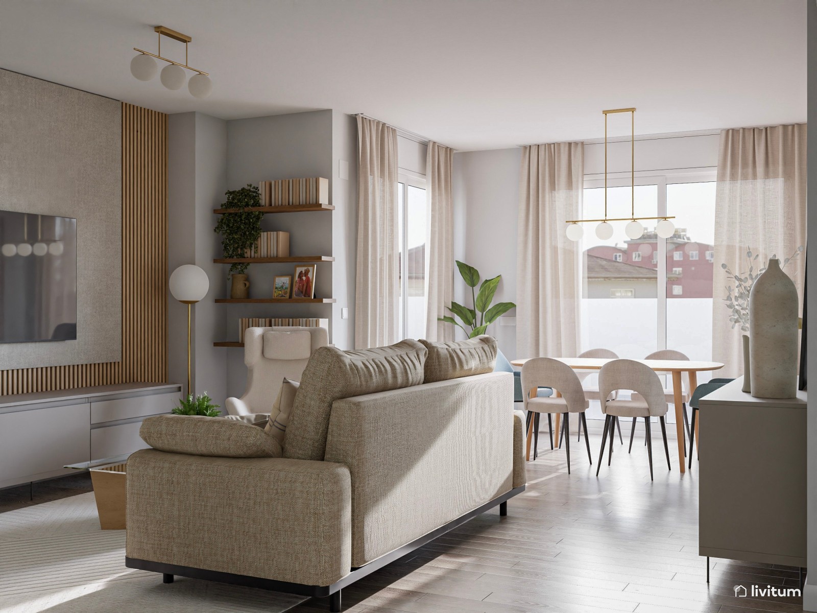 Salón comedor moderno con una elegante zona de TV