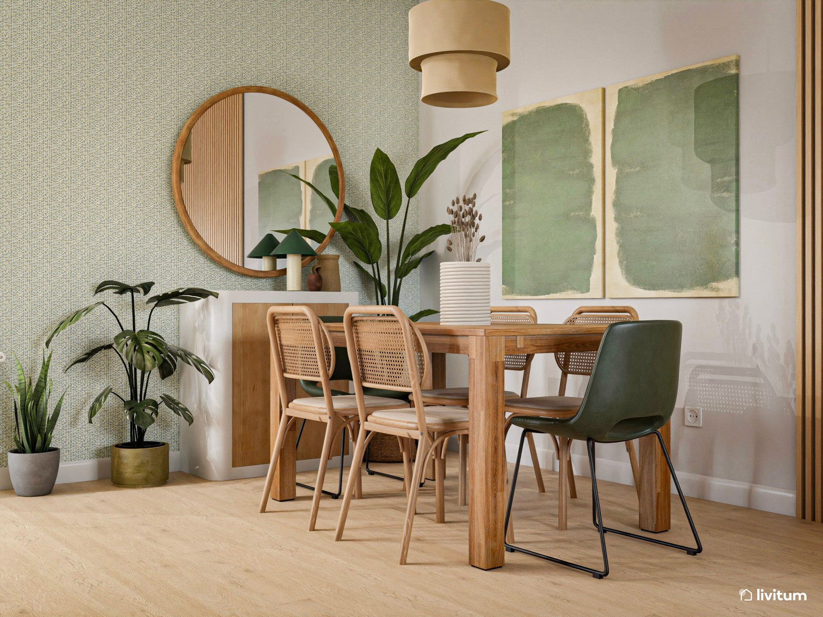 Salón comedor moderno de acentos verdes y decoración biofílica