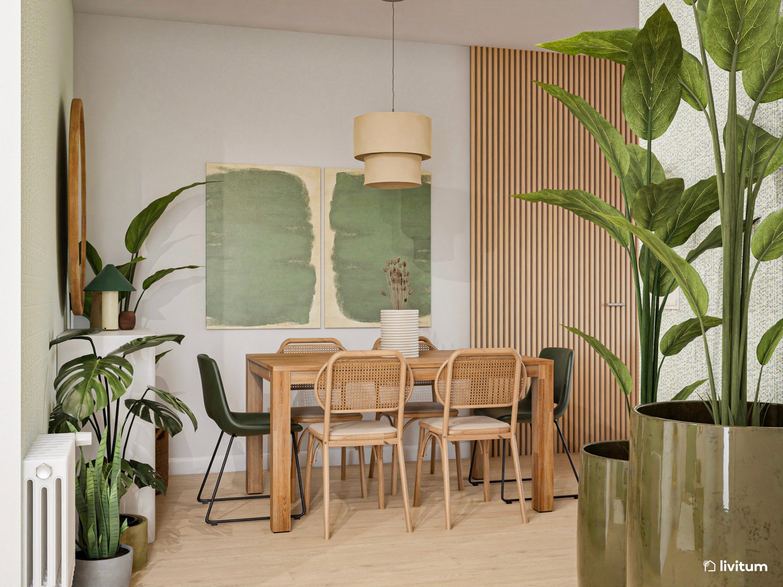 Salón comedor moderno de acentos verdes y decoración biofílica