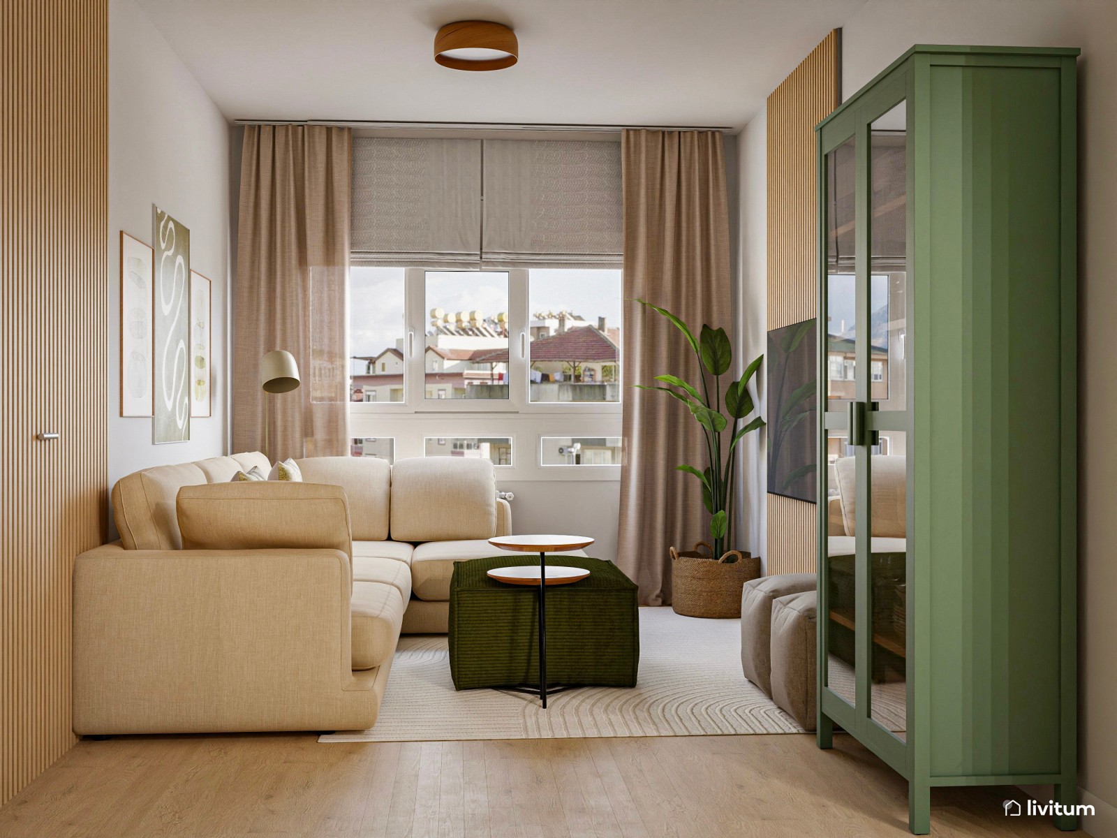 Salón comedor moderno de acentos verdes y decoración biofílica